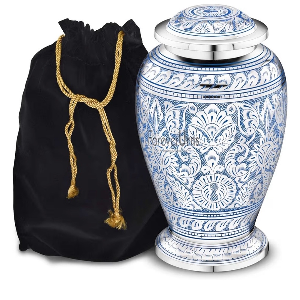Blue Damask Chrome Hindu style  Urn Handmade engraved Urn with Black Velvet Bag